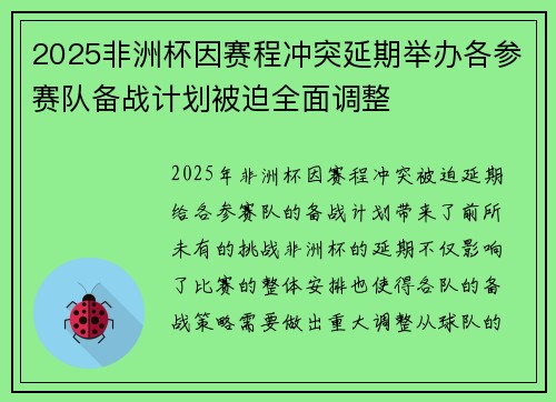 2025非洲杯因赛程冲突延期举办各参赛队备战计划被迫全面调整