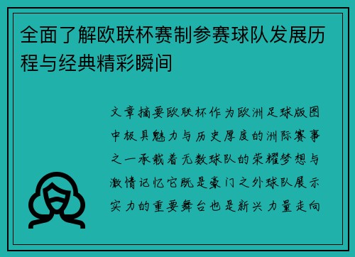 全面了解欧联杯赛制参赛球队发展历程与经典精彩瞬间